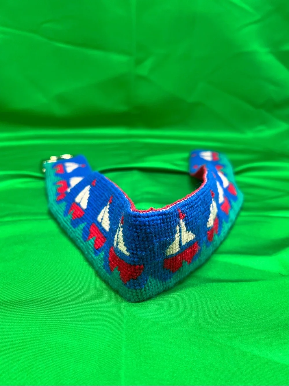 Kids Blue Sailboat Embroidered Belt with Red Lining